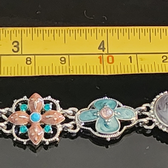 Napier Silver and Turquoise Floral Enamel Rhinestone Bracelet Designer Jewelry - Picture 9 of 10